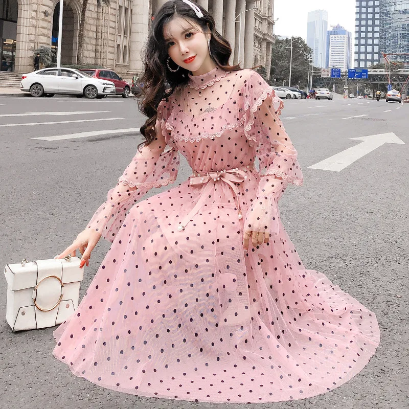 

Polka Dot Long Sleeve Dress Women 2019 Korean Pink Turtleneck Mesh Long Dress Vintage Sashes A-line Party Ladies Dresses