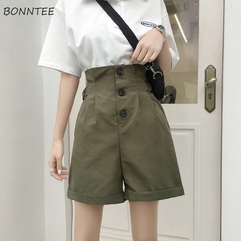 

Shorts Women Casual New Summer Korean Version Retro High Waist Student Womens Solid Single Breasted Female Trendy All-match Girl