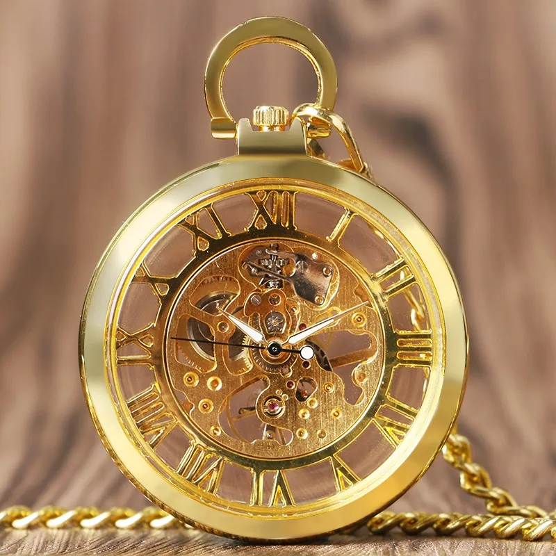 Прозрачный Скелет ручной Ветер большие золотые Механические карманные часы для мужчин и женщин Роскошные элегантные часы с высококачественными стеклянными часами