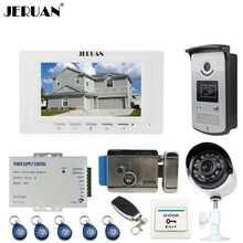 JERUAN white 7“Video Door Phone Intercom System kit RFID Access Camera+700TVL Analog Camera+remote control+E-lock+Exit button