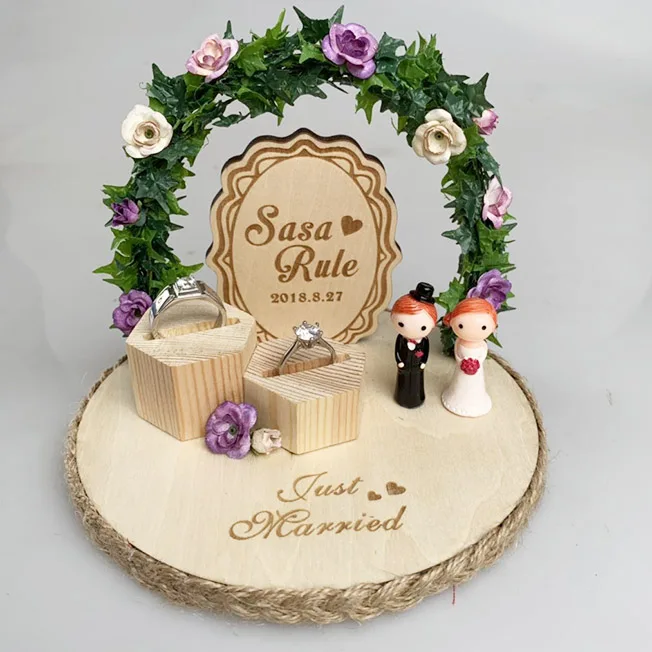 On sale custom name Anniversary Engagement rings bearer pillow wood wedding flower rustic ring box - Цвет: ring pillow H