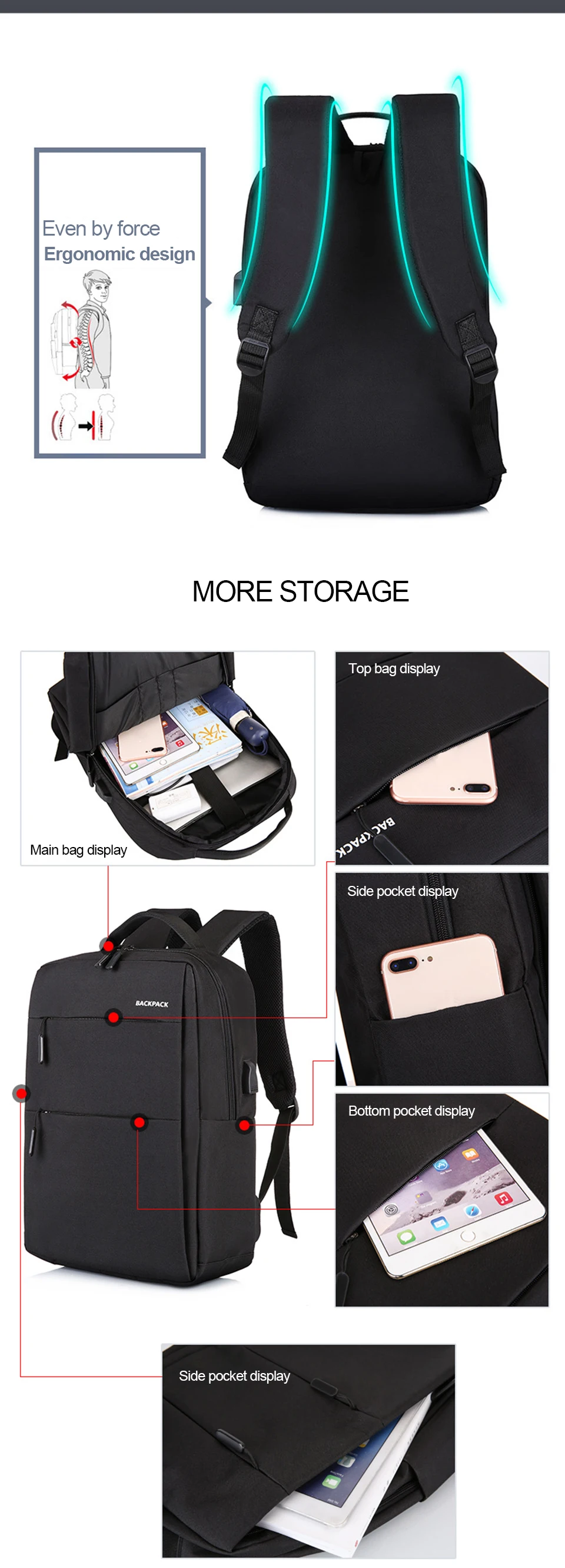 5 USB Charging Men Backpack Backpacks Laptop 15.6'' Women Backpacking Waterproof Business Travel Bagpack Notebook School Bag Pack