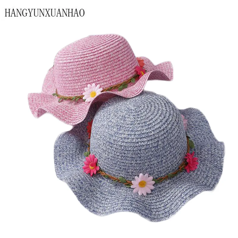 

2019 Flower Summer Children Travel Cap Simple Wavy large Brimmed Straw Hat Boys Girls Beach Hats Age For 3-8 Years old Sun Hat