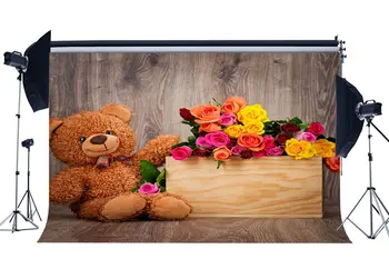 

Baby Shower Backdrop Blooming Fresh Rose Flowers Lovely Bear Wood Box Shabby Rustic Wooden Board Photography Background