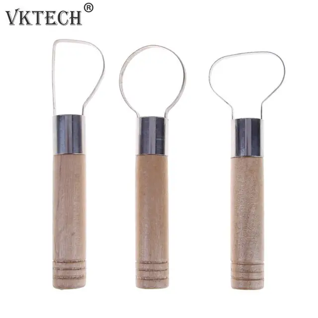 3/5PCS Wood Pottery Clay Sculpture Loop Tool with Stainless Steel Flat
