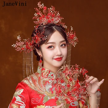 

JaneVini Luxury Chinese Gold Wedding Jewelry Headwear Costume Red Floral Hairpins Long Tassels Bridal Wedding Hair Accessories