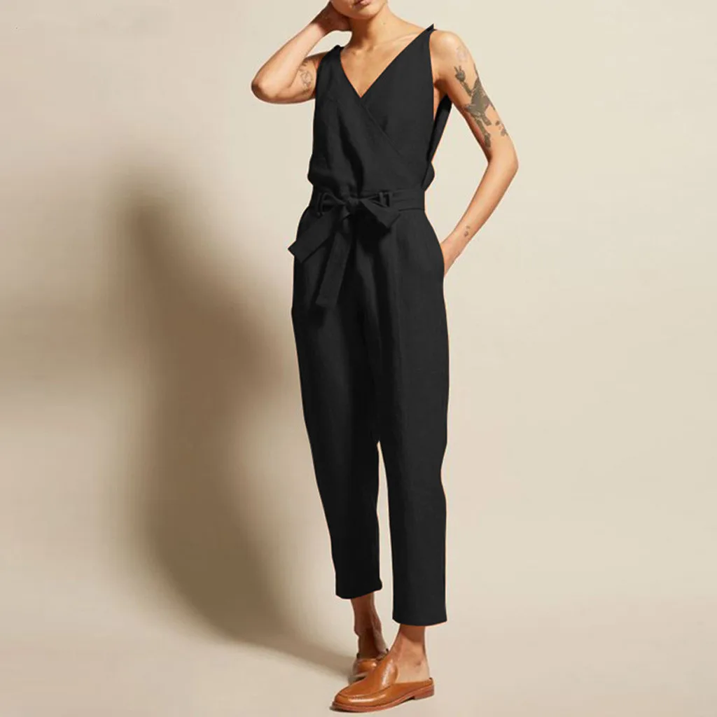 

Overalls For Women Casual Solid Monos Largos Mujer Pantalon Largo Sleeveless V-Neck Belt Slim Plus Size Linen Long Jumpsuit