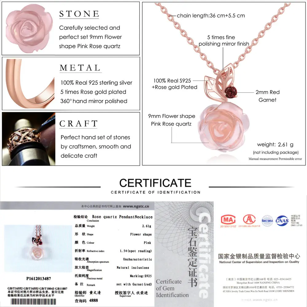 LAMOON Rose Flower 925 Sterling Silver Necklace Rose Quartz Gemstone Necklaces 18K Rose Gold Plated Fine Jewelry LMNI025