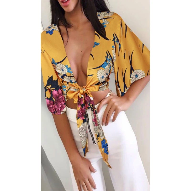 

2018 New Womens Summer Floral Half Sleeve Bow Tie Crop Top Plunging V Neck T-Shirt