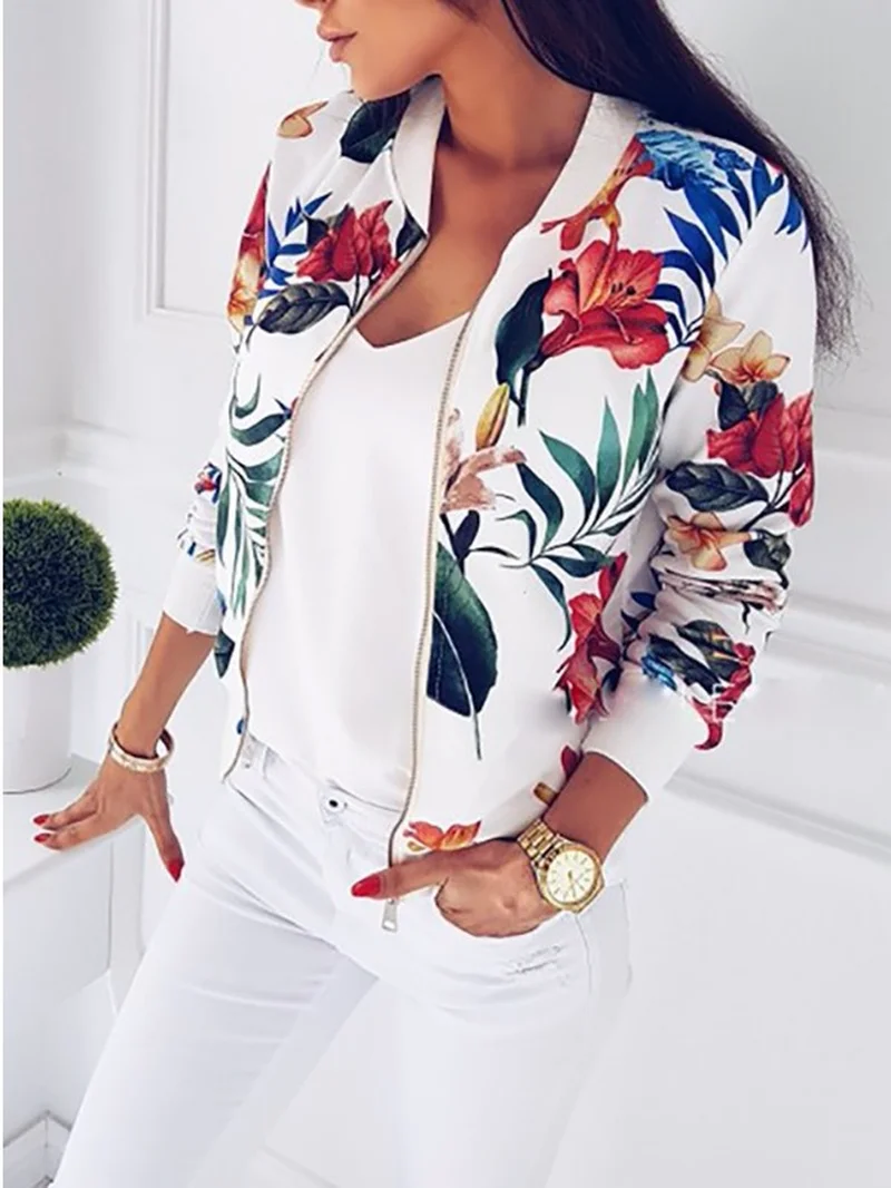 

Retro Floral Zipper Up Bomber Jacket Women Spring Autumn Casual Coat Outwear Women Clothes