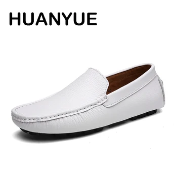 

Genuine Leather Men Shoes Big Size 38-47 Breathable Men Loafers Sip-on Summer Men's Casual Shoes White Flat Light Driving Shoes