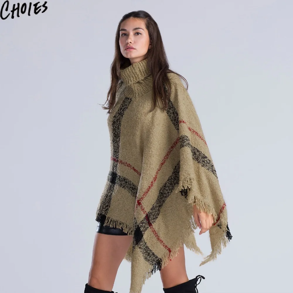 

Women Yellow Turtleneck Sweater Plaid Tassel Fringe Loose Vintage Asymmetrical Poncho 2017 Brief Knitwear Oversized Casual Cape