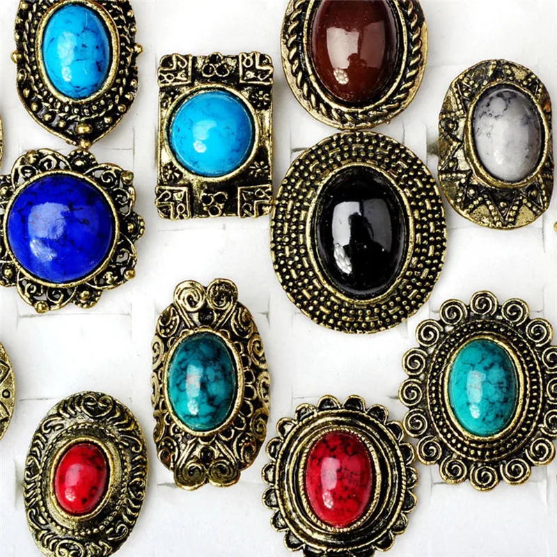 Wholesale 5pcs Mix Lots Ring Set Retro Vintage Design Geometric Natural Stone Nature Stone Ring