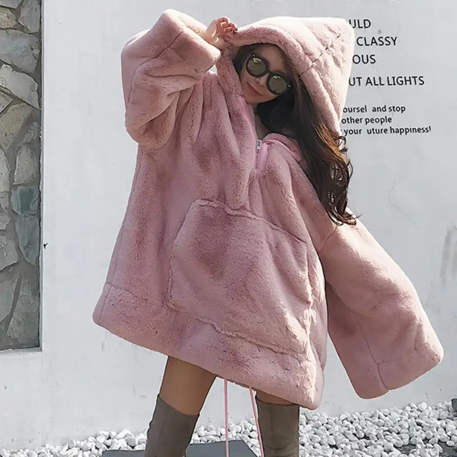 Зимняя модная женская куртка с капюшоном, теплый пуловер, меховое пальто, женская Свободная плюшевая Удобная утепленная верхняя одежда с длинным рукавом, L1778 - Цвет: pink