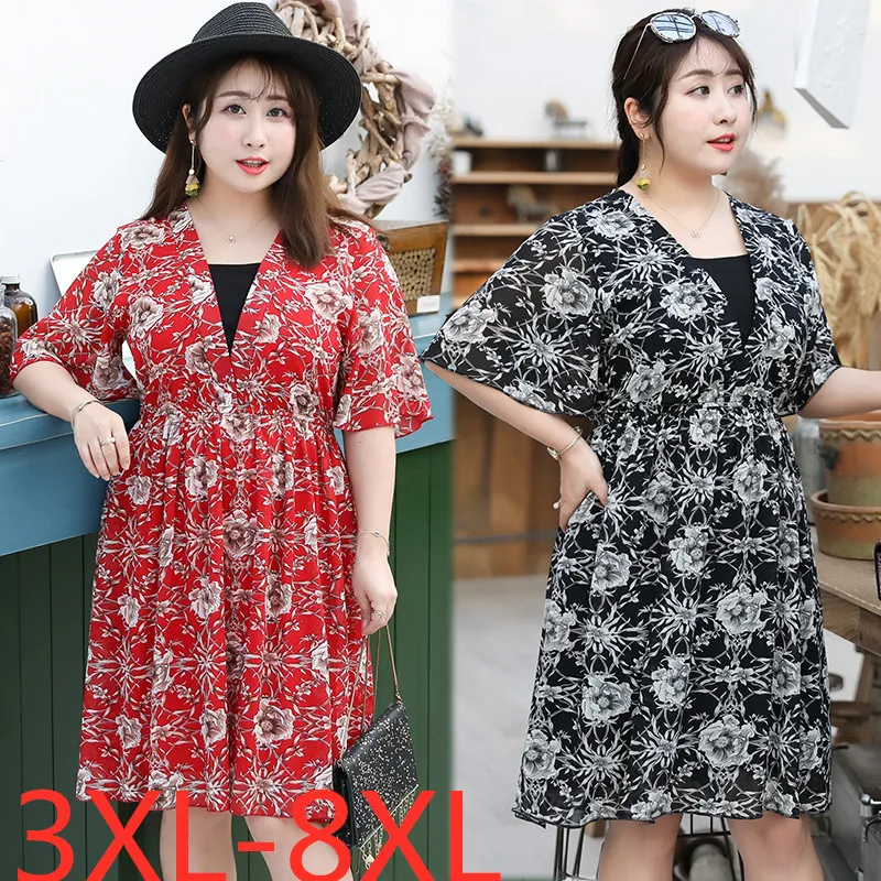 

2019 ladies summer long dresses plus size loose chiffon casual flowers women large pleated dress black red 4XL 5XL 6XL 7XL 8XL