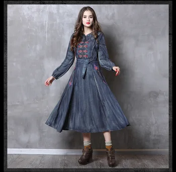 

Spring and Autumn Female Recreational Retro-pocket Disc-button Embroidered Jean Dresses in 2019