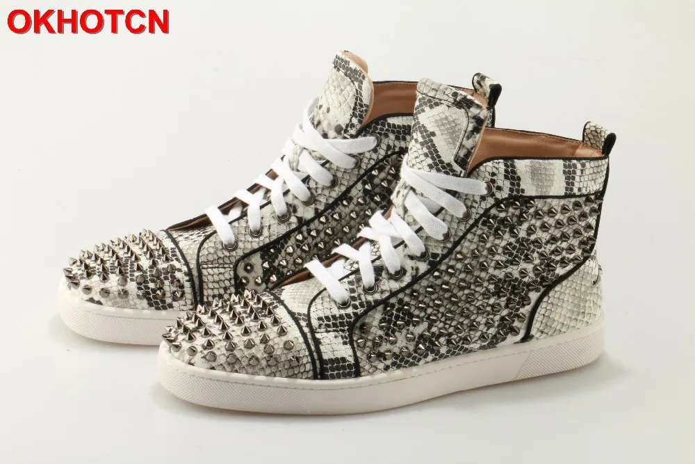 

Snake Lace UP Men Casual Shoes White Fashion Sneakers Spring Autumn Breathable Suede Flats With Silver Rivets OKHOTCN Plus Size