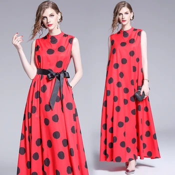 

Sleevless Polka Dot Print Vest Dress O-neck Women Summer Long Maxi Loose Dress Vestidos Robe Femme