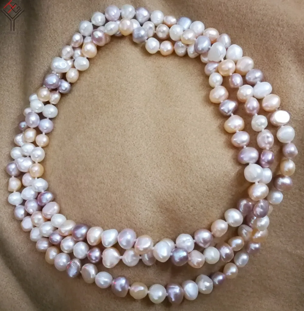 Women Jewelry 9mm pearl 128cm 50'' necklace bright white pink purple