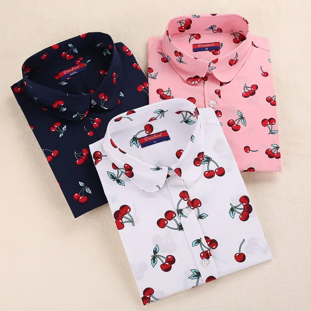 US $6.87 Dioufond Cotton Long Sleeve Women Blouses School Work Office Shirts Casual Tops Ladies Cherry Print