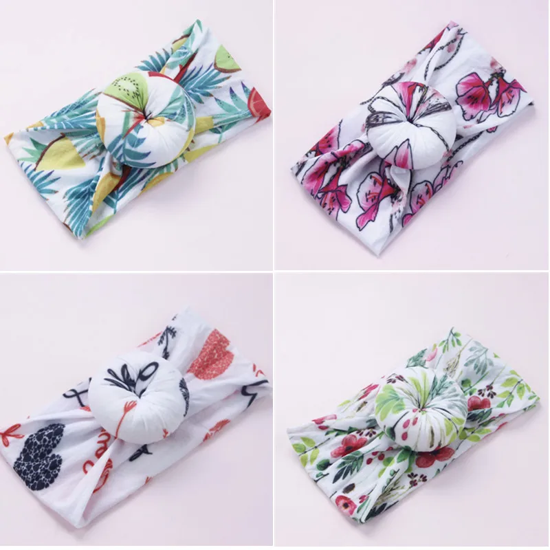 

2019 Newborn Baby Girls Headbands Floral Fruit Printed Donut Wide Nylon Headwraps Super Soft Knot Bow Turban headband