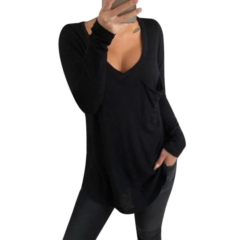 Одноцветная свободная футболка женская сексуальная с глубоким v-образным вырезом Camiseta Mujer новая свободная повседневная женская футболка хлопковая рубашка с длинным рукавом - Цвет: Черный