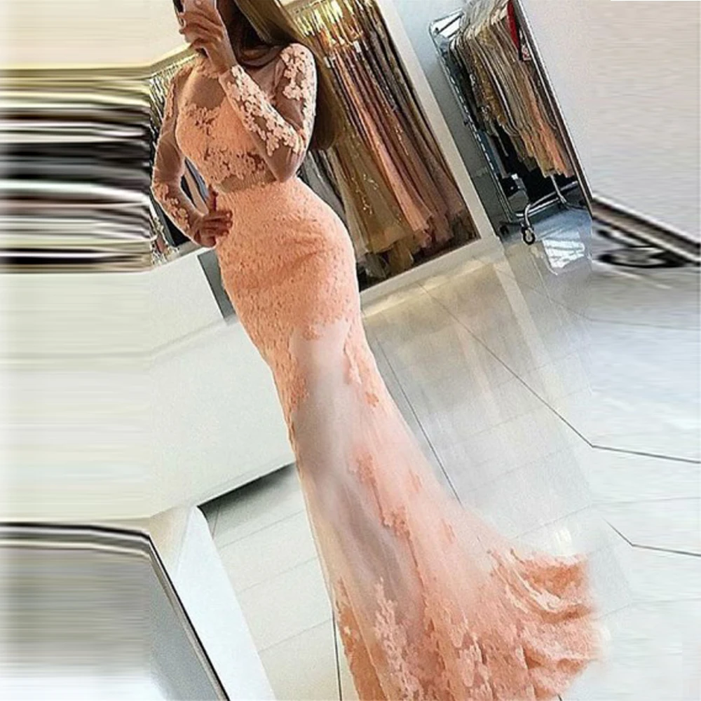 

Sexy Mermaid Lace High Neck Prom Dresses Long Sleeve Open Back Party Prom Gowns with Applique Vestido De Festa
