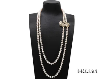 

Elegant Ladies Necklace Perfect 2rows 8mm Natural White Freshwater Pearl Long Necklace White Rhinestone Swan Jewelry Loving Gift