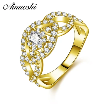 

AINUOSHI 14K Solid Yellow Gold Halo Ring Leaf Design Pave Setting SONA Diamond Wedding Engagement Cluster Ring for Women Jewelry