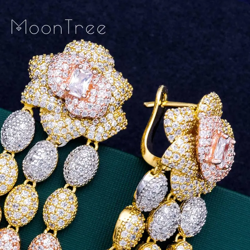 Женские цветочные серьги MoonTree роскошные свадебные вечерние 3 тонов с фианитом