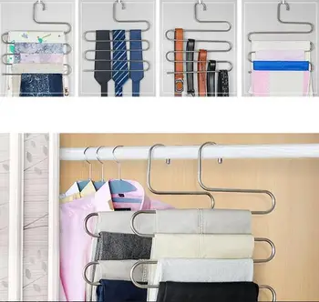 

50pcs Magic Stainless Steel Trousers Hanger Multifunction Pants Closet Belt Holder Rack S-type 5 Layers Saving Space