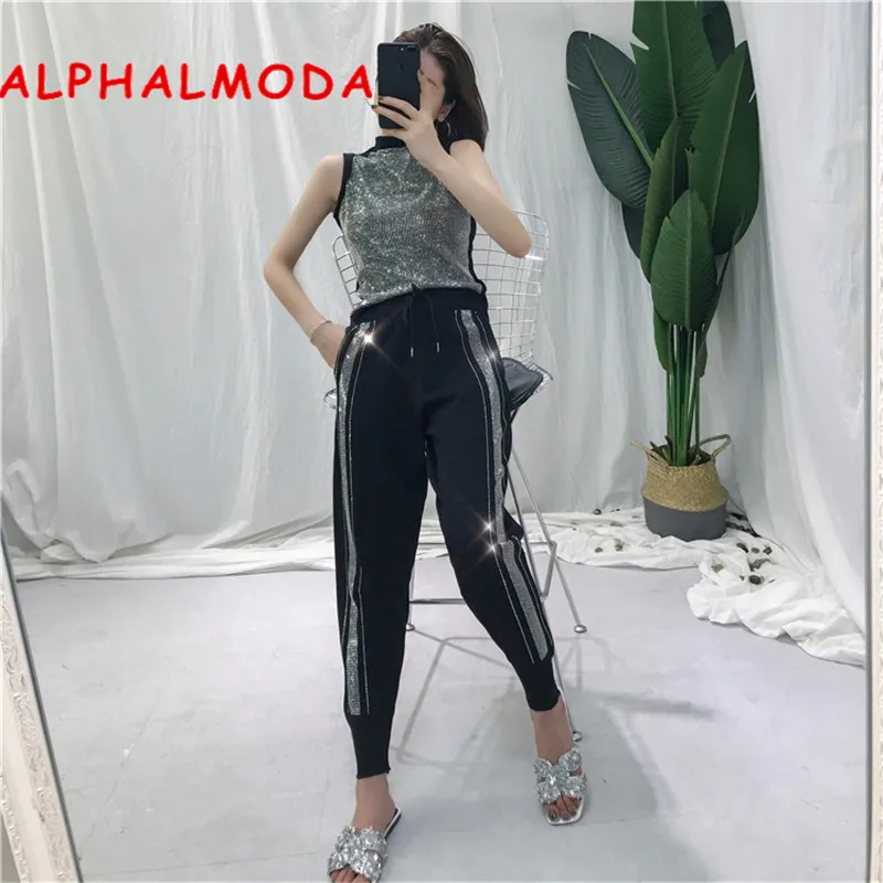 ALPHALMODA Модный трикотажный Костюм женский комплект из двух предметов 2019 летний