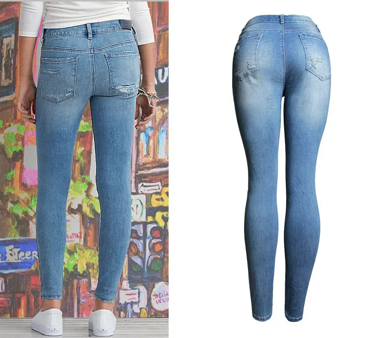2019 новые классические джинсы с рваной отделкой Для женщин середины талии эластичный рваные True джинсовые штаны узкие женские джинсы