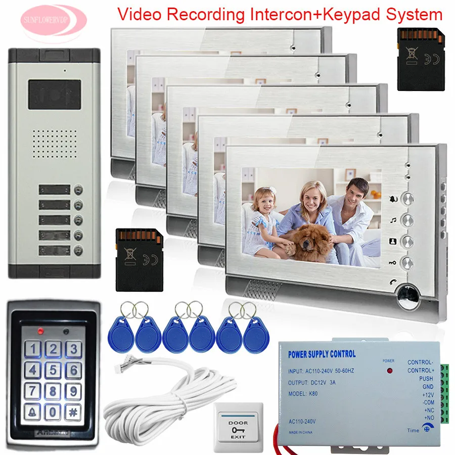 7Inch Color Video DoorPhone Intercom System For 5 Apartments Video intercom With Recording Camera Keypad Access Control System