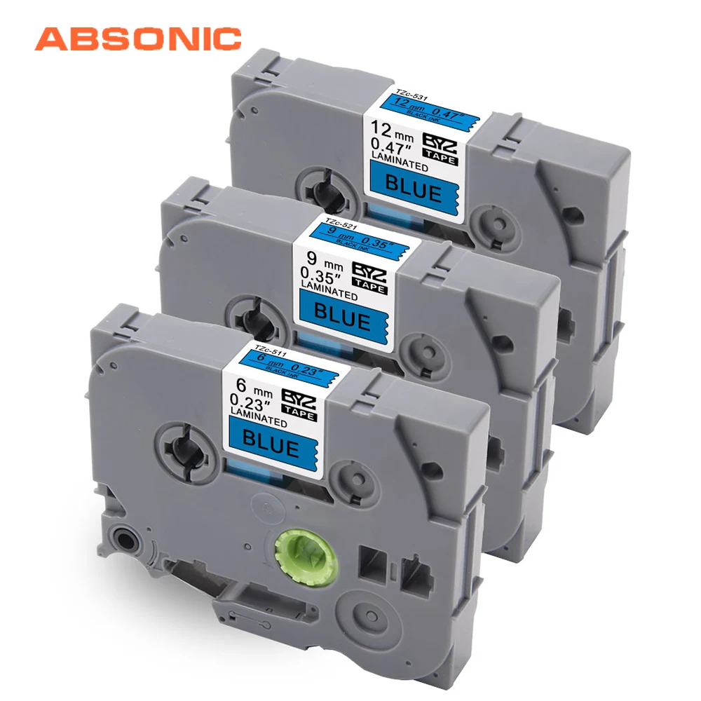 Absoonic 3 шт. TZe лента TZe-511 TZe-521 черный на голубом 6/9/12 мм Lable Лента совместима с Brother P-Touch