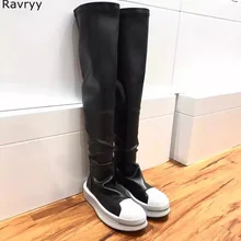 Лаконичные черные кожаные эластичные высокие сапоги женские сапоги выше колена ботинки на плоской платформе модная осенне-зимняя женская обувь
