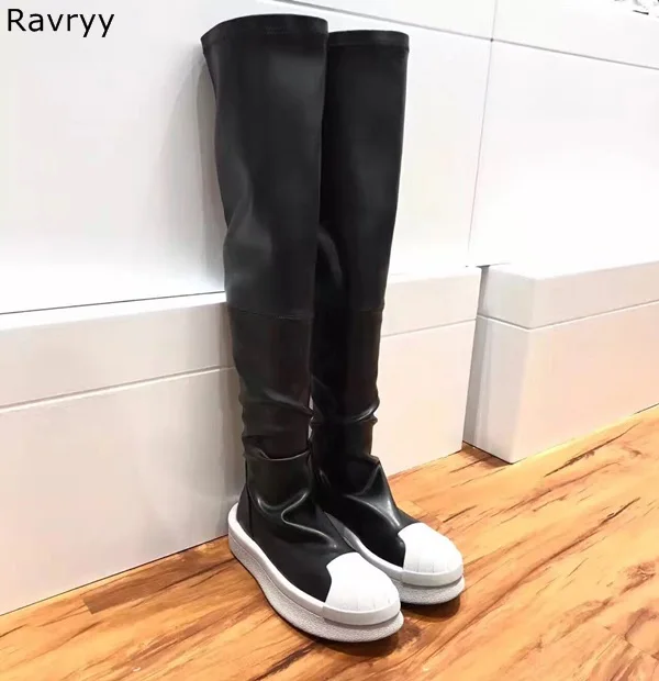 Лаконичные черные кожаные эластичные длинные сапоги женские ботфорты ботинки на