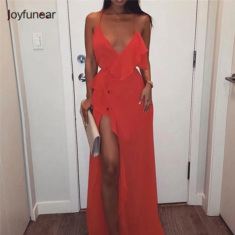 

Joyfunear Red Ruffle Summer Dress Women V Neck Backless Strap Boho Dress Sleeveless Split Lace Up Maxi Party Dress Vestidos 2019