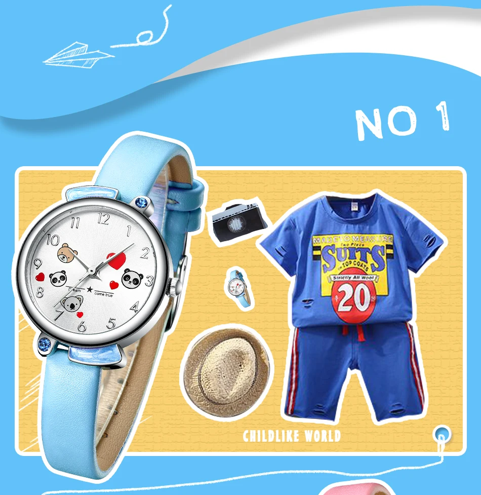 Детские наручные часы KDM студент для девочек и мальчиков часы модные носки для малышей с милым рисунком панды Водонепроницаемый часы детские, из натуральной кожи, детские наручные часы