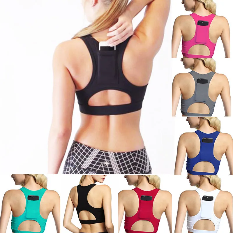

Women Sexy Back Phone Pocket Sports Bras Hollow Out Shockproof Padded Push Up Yoga Bra High Impact Back Pocket Sport Underwear