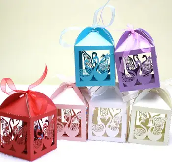 

100pcs Laser Cut Hollow Swan Candy Box Chocolates Boxes With Ribbon For Wedding Party Baby Shower Favor Gift