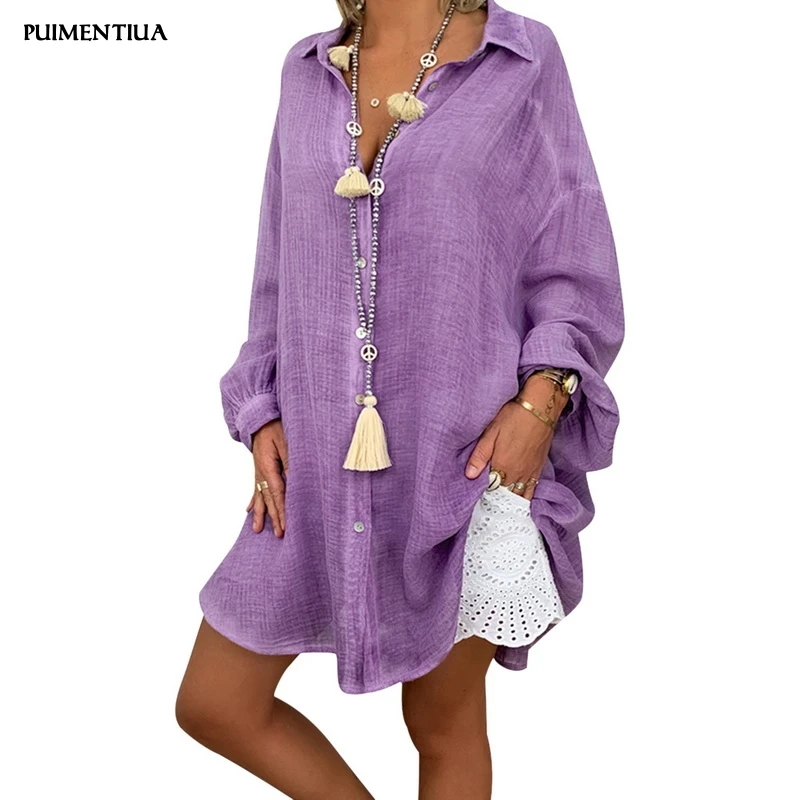 

Puimentiua 2019 Women Button Down Shirt Loose Casual Blouse Top Summer Autumn Female Solid Long Sleeve V Neck Long Linen Shirt