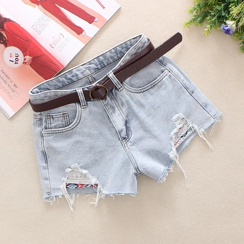 

2019 Light Blue Women's Denim Shorts Summer Hole Patchwork High Waist Washed Bleached Zipper Loose Broad Foot Denim Shorts 5169