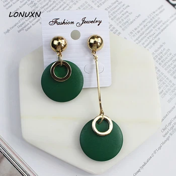 

10 styles 2017 New Fashion gold Earrings Green Wood round circle Long Tassel For Women Korean female retro wooden long earrings