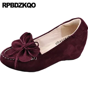 

Luxury Wine Red Wedge Hidden Sheepskin Shoes Women Round Toe Size 33 Office Medium Heels 2018 Suede 4 34 Genuine Leather Fashion