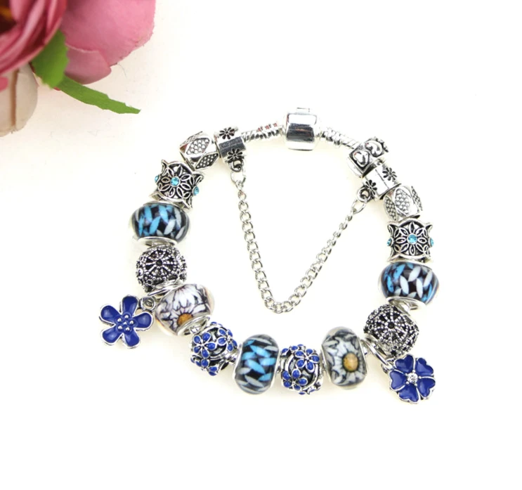 

Flower Pendant Blue Crystal/Glass Beads Vintage Elegant Charm Pandora Bracelets & Bangles For Women Gift Lucky bracelet