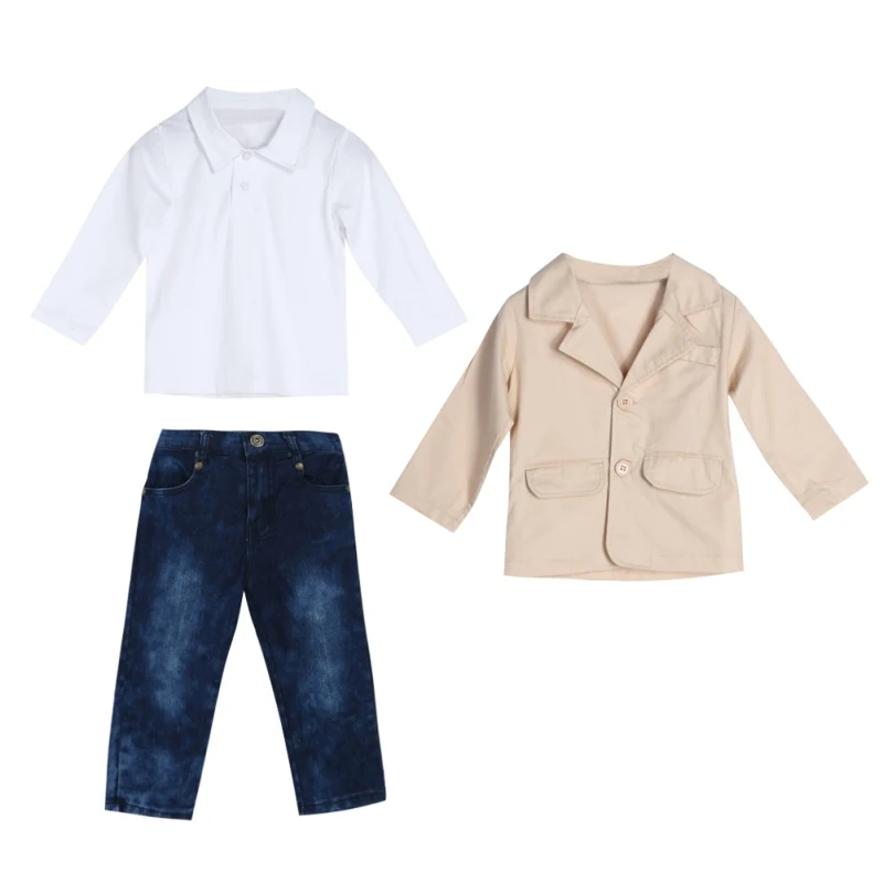

New Style Baby Boys Gentleman Coat Shirt and Denim Trousers Set Kids Clothes Set
