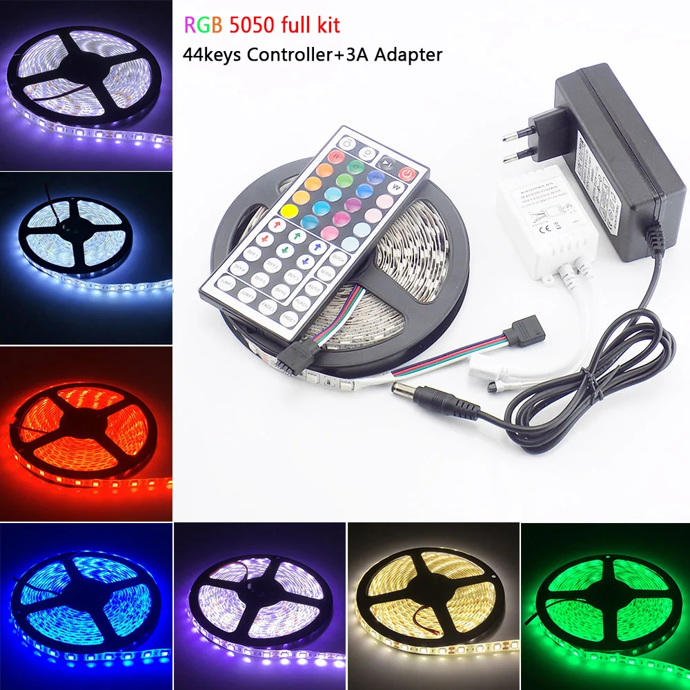 cheap SMD 5050 Ledstrip 5M RGB LED Strip Waterproof Flexible led Light Strips DC 12V RGB led tape 44 Keys Remote Controller Full Kit