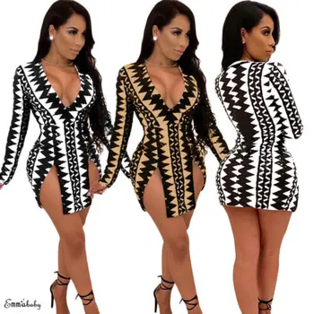 

Hot Women's Bandage Dress Bodycon V Neck High Waist Laides Long sleeve Evening Party Sexy Club Summer Short Mini Dress