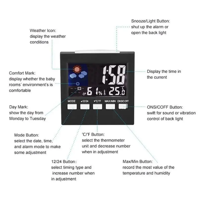 Цветной ЖК-дисплей Цифровой термометр гигрометр крытый Открытый метеостанция Температура измеритель влажности Будильник